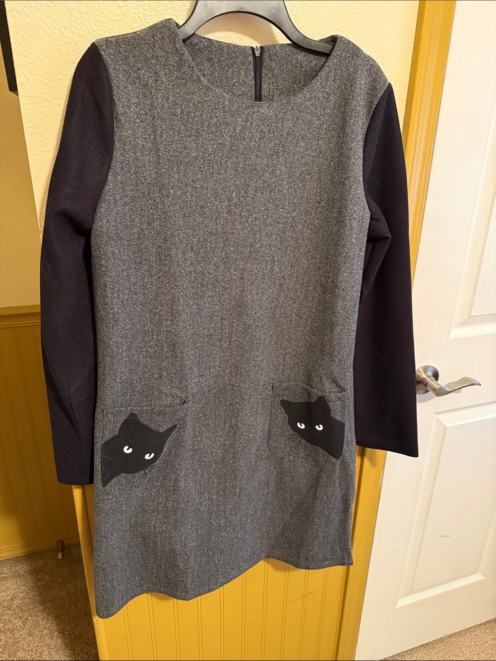 Grey Shift Dress with Black Cat Pocket Accents